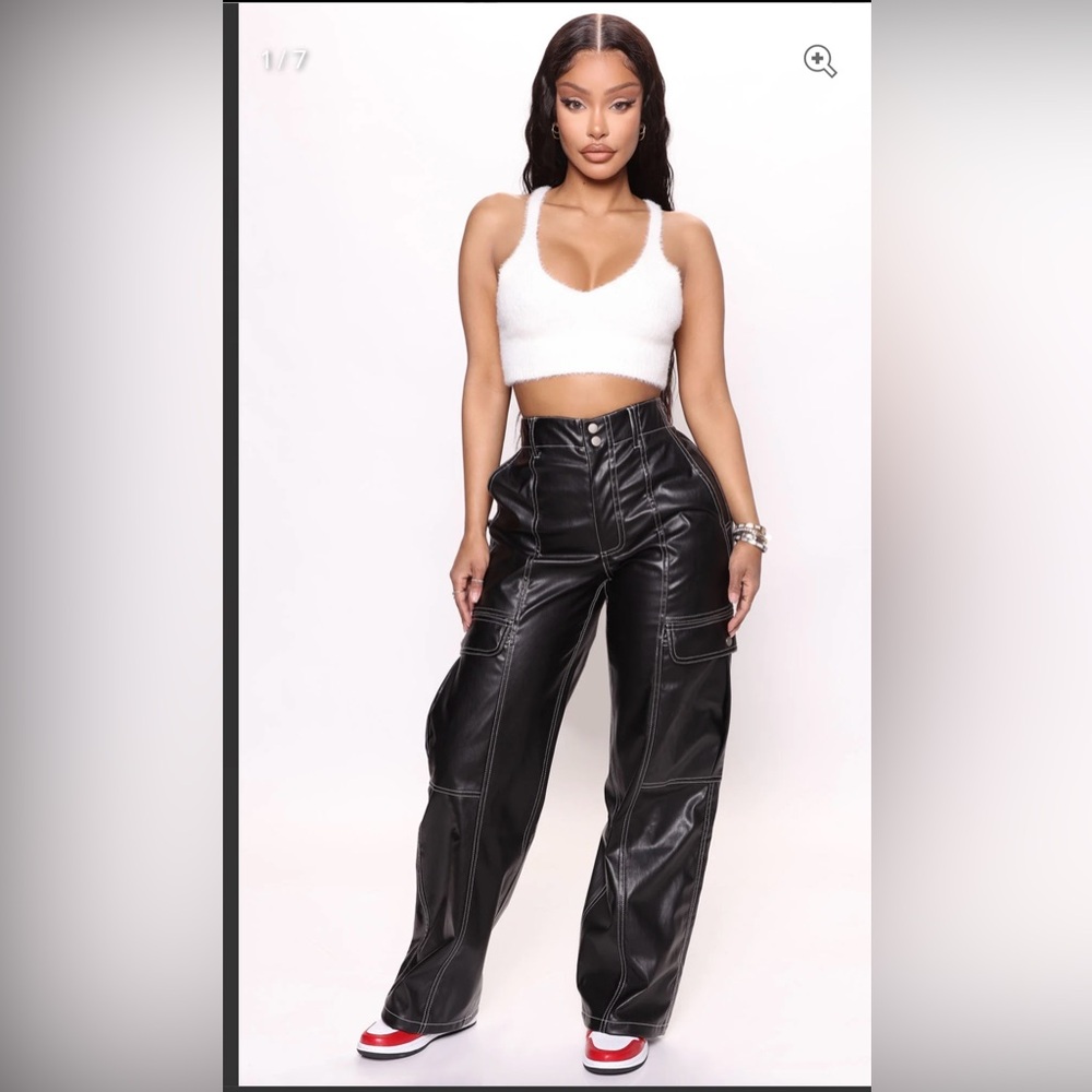 Fashion Nova Black Faux Leather Wide Leg Cargo Pants